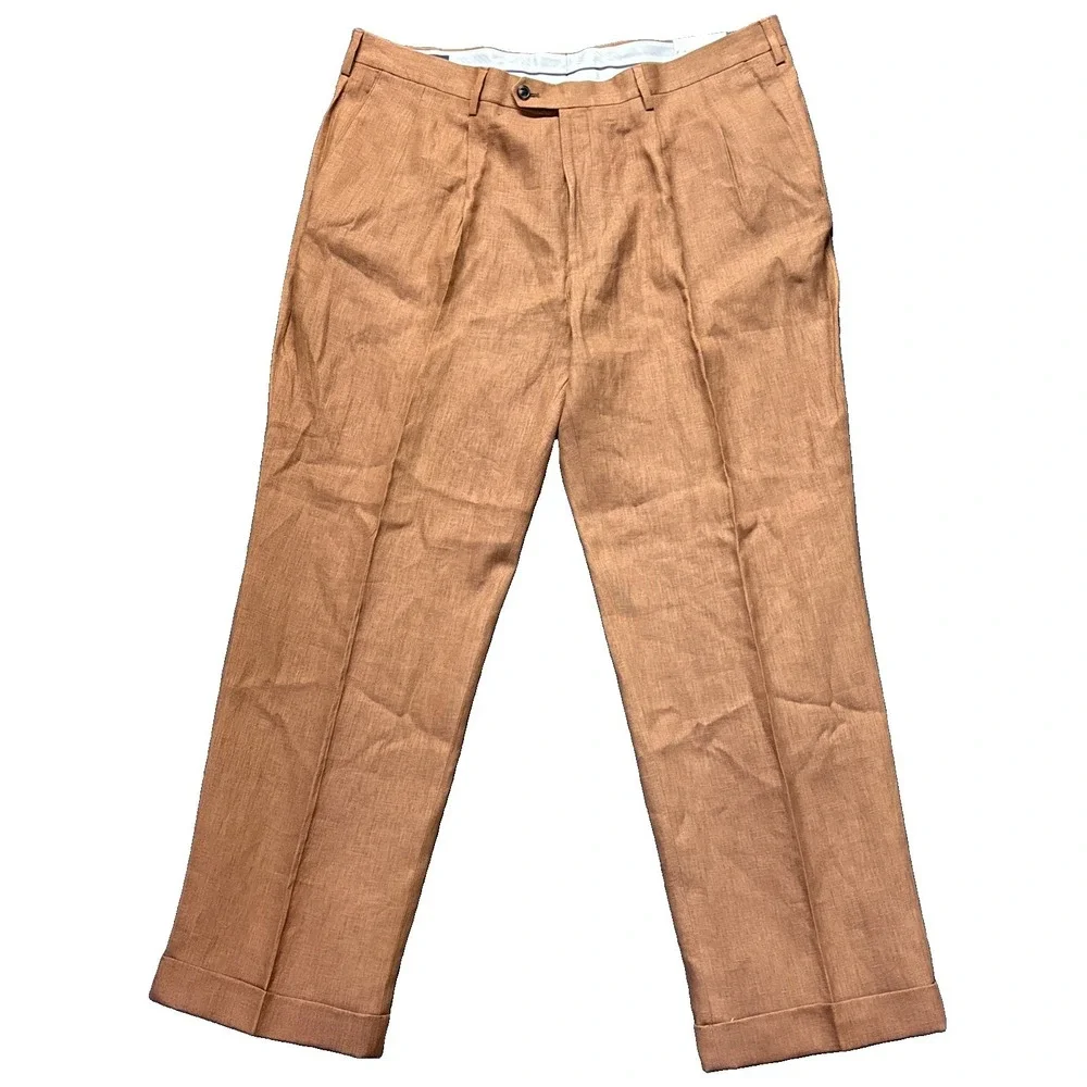 Paul Frederick 100% Linen Dress Pants Mens 42x31 Brown Pleated Cuffed Resort NWT